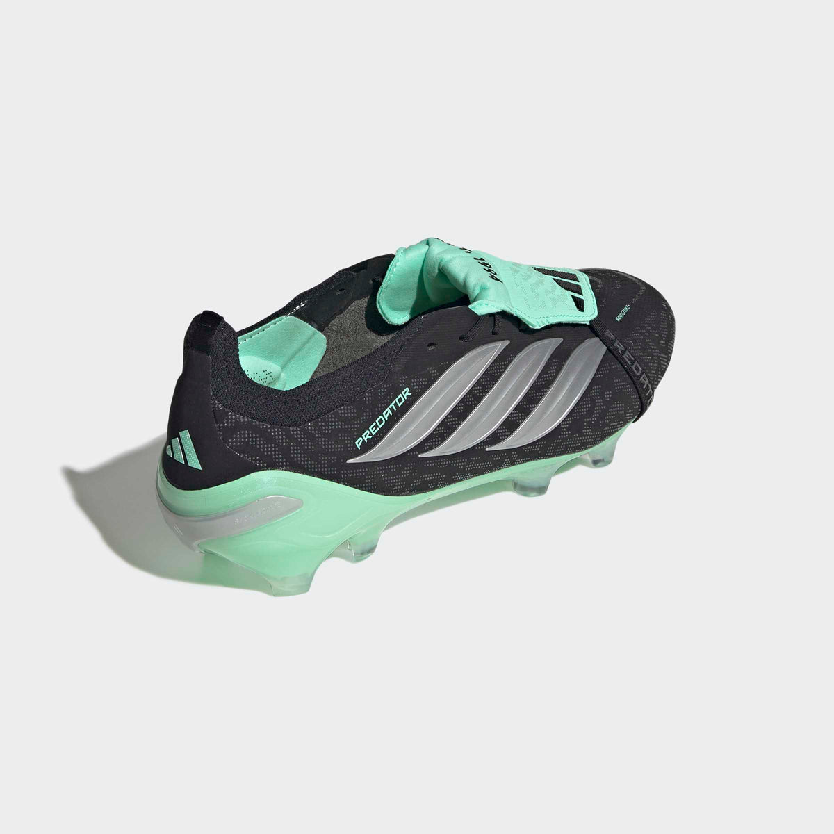adidas Predator 26 Elite Fold-Over Tongue FG soccer cleats in Core Black / Silver Metallic / Pulse Mint, rear three-quarter view
