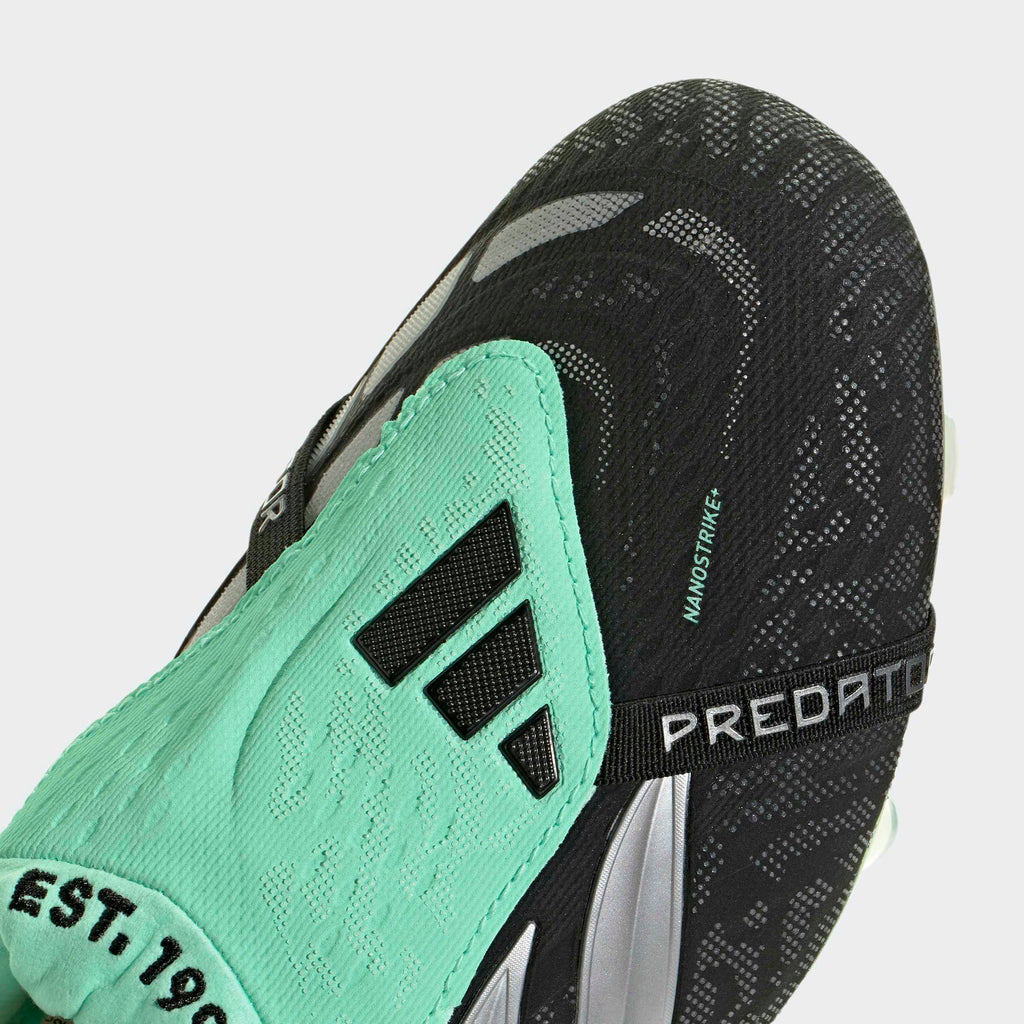 adidas Predator 26 Elite Fold-Over Tongue FG soccer cleats in Core Black / Silver Metallic / Pulse Mint, detail view