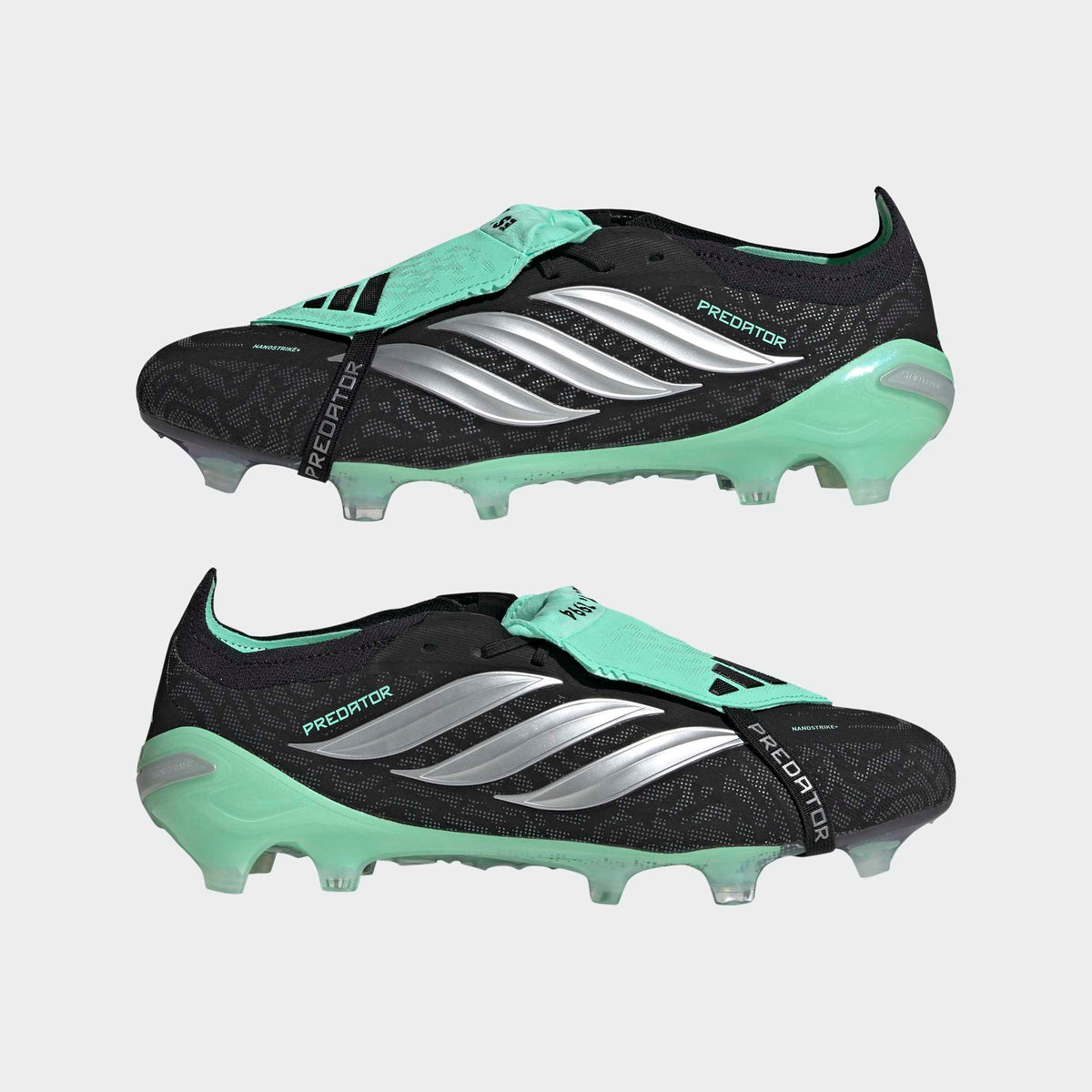 adidas Predator 26 Elite Fold-Over Tongue FG soccer cleats in Core Black / Silver Metallic / Pulse Mint, pair view