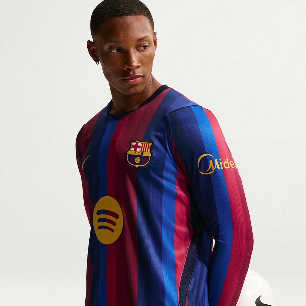 FC Barcelona 2026/27 Stadium Home Men's Nike Dri-FIT Soccer Replica Long-Sleeve Jersey — Deep Garnet and Blue Void, front — IR0044-683