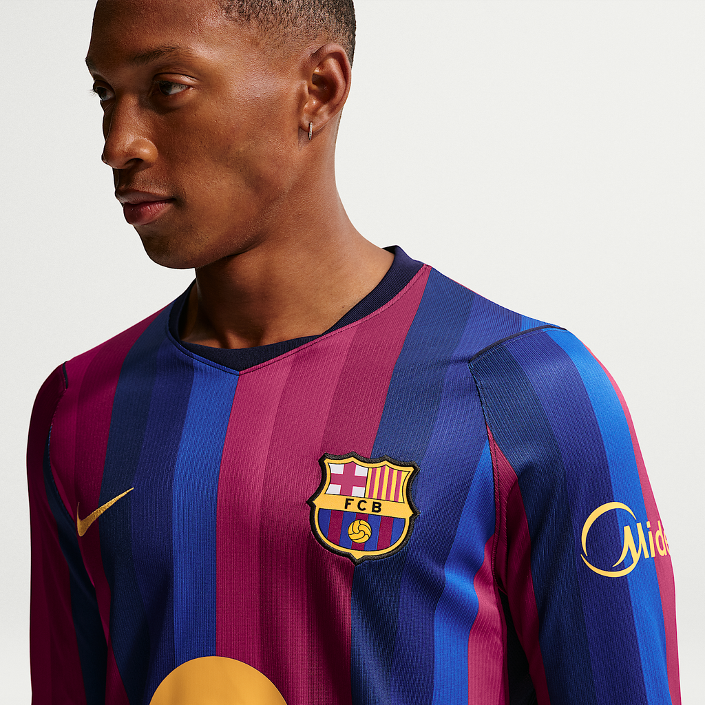 FC Barcelona 2026/27 Stadium Home Men's Nike Dri-FIT Soccer Replica Long-Sleeve Jersey — Deep Garnet and Blue Void, chest detail — IR0044-683