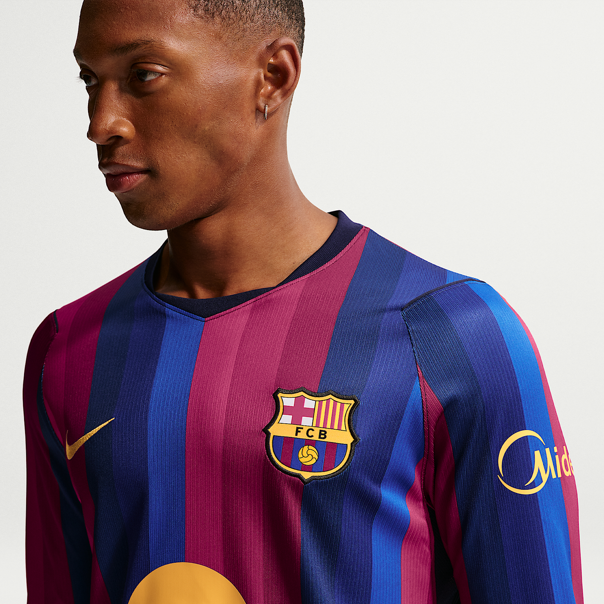 FC Barcelona 2026/27 Stadium Home Men's Nike Dri-FIT Soccer Replica Long-Sleeve Jersey — Deep Garnet and Blue Void, chest detail — IR0044-683