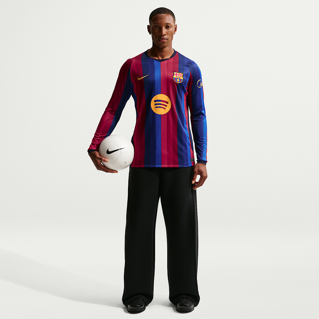 FC Barcelona 2026/27 Stadium Home Men's Nike Dri-FIT Soccer Replica Long-Sleeve Jersey — Deep Garnet and Blue Void, full front — IR0044-683