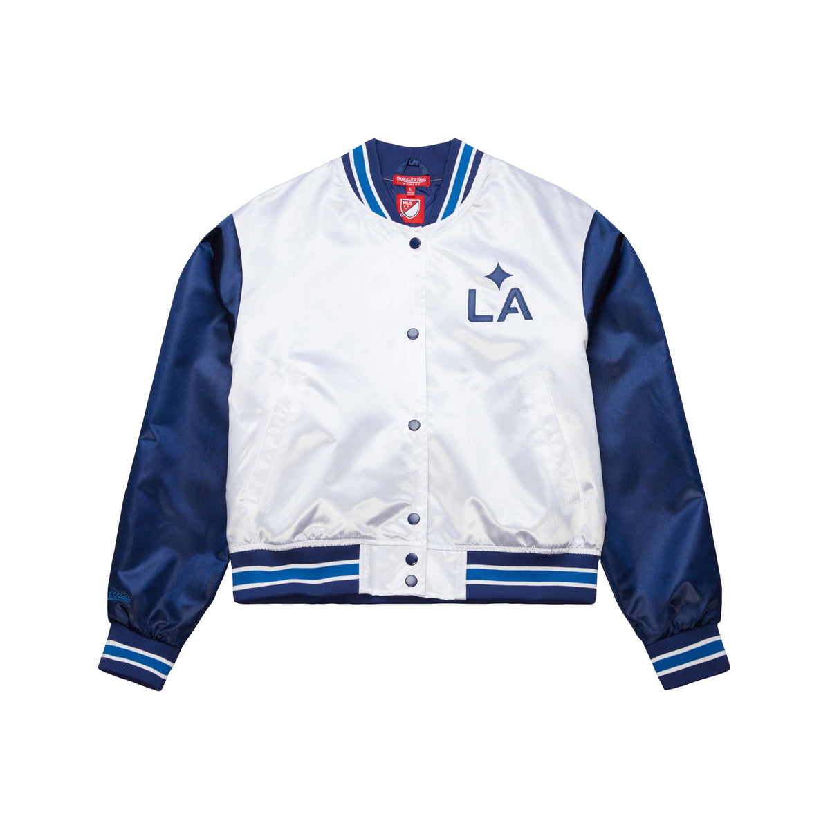 Mitchell and Ness LA Galaxy Womens Crop Jacket - JK10128-LAGWHIT-MITCHELL &amp; NESS by Mitchell &amp; Ness | Available at Niky&#39;s Sports