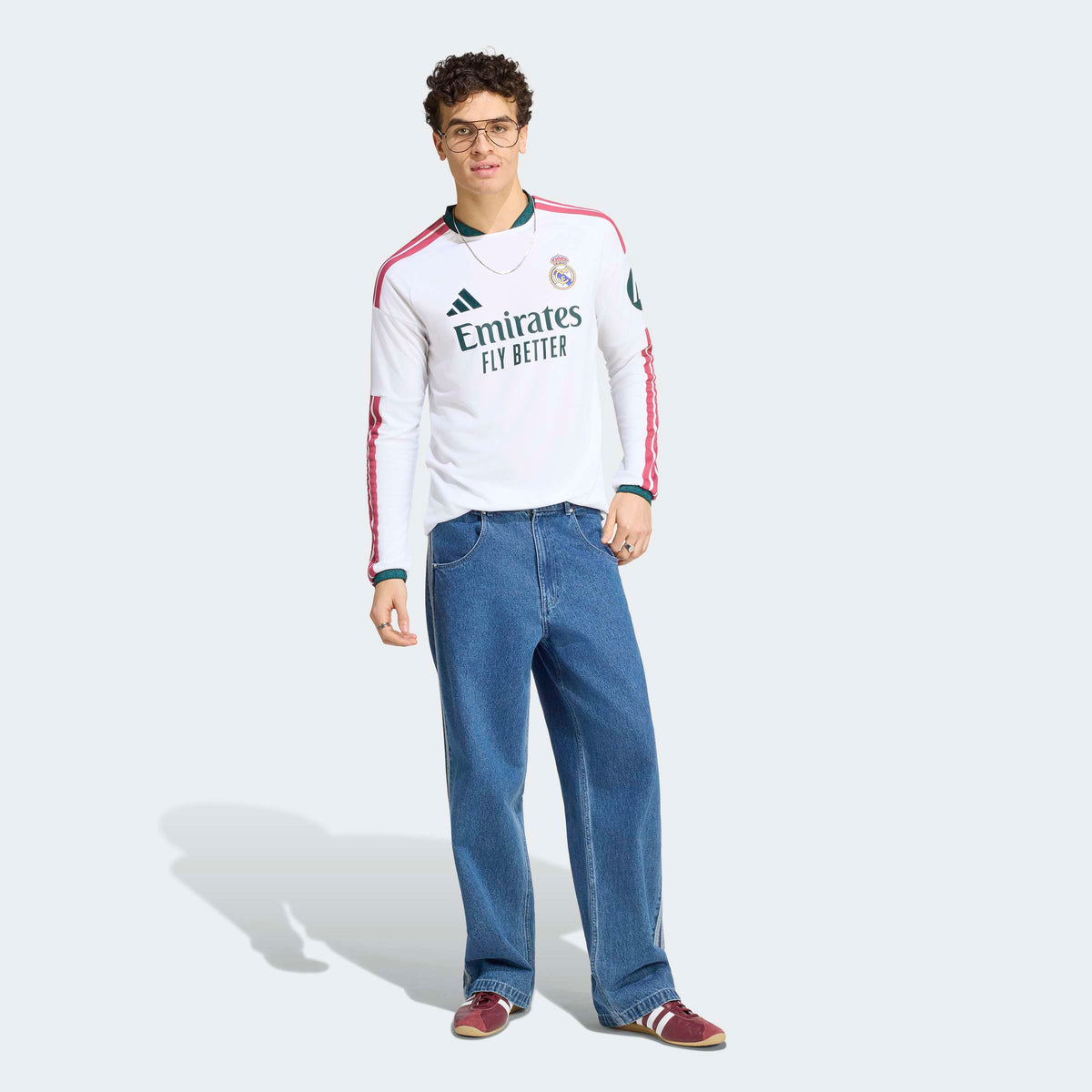 adidas Real Madrid 26/27 Home Jersey Long Sleeve in White, walking view on model