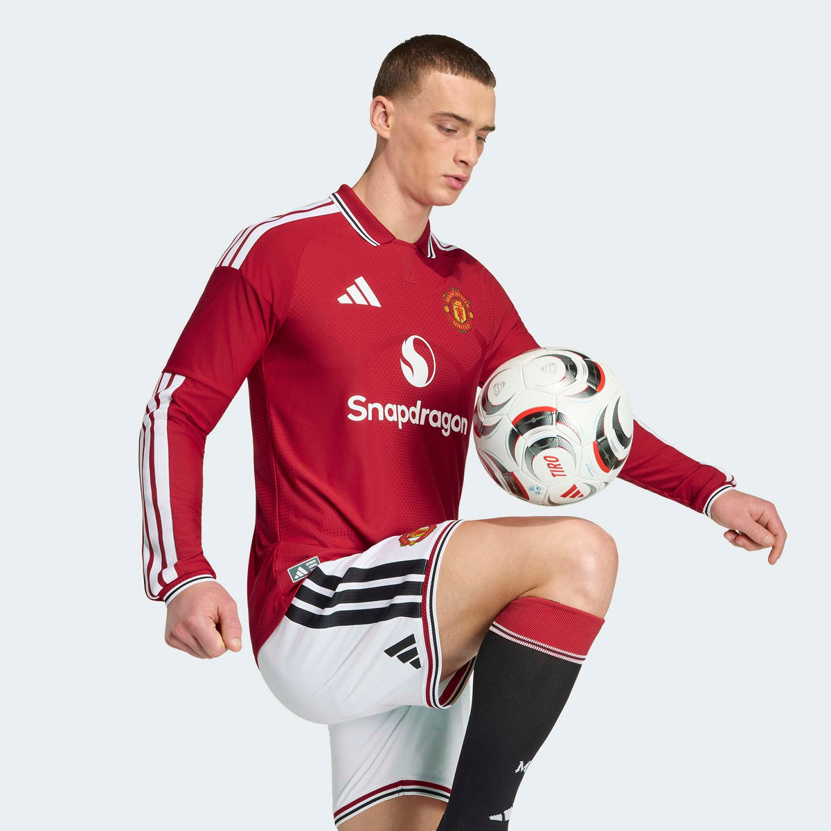 adidas Manchester United 26/27 Home Authentic Long Sleeve Jersey in MUFC Red – On Model Detail View 2