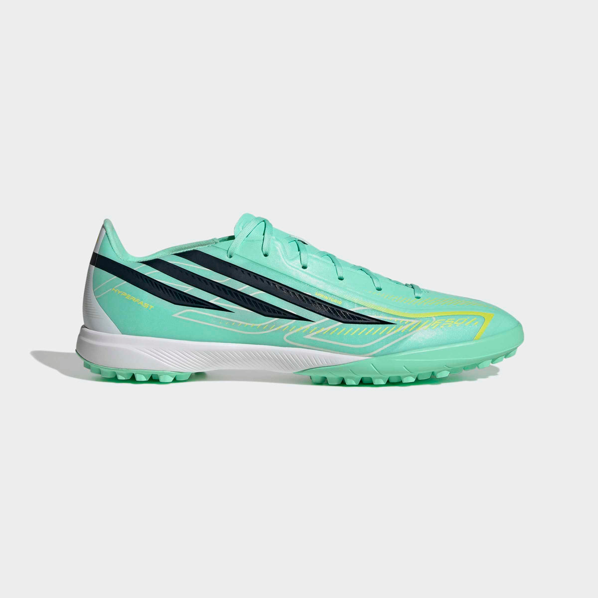 adidas F50 Hyperfast League Turf Soccer Shoes - Pulse Mint/Night Navy/Solar Lemon, side view