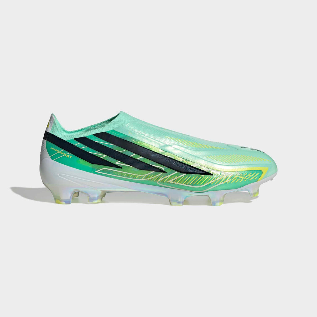 adidas F50 Hyperfast Elite Laceless FG soccer cleats in Pulse Mint / Core Black / Solar Lemon, side view, outer (lateral) side