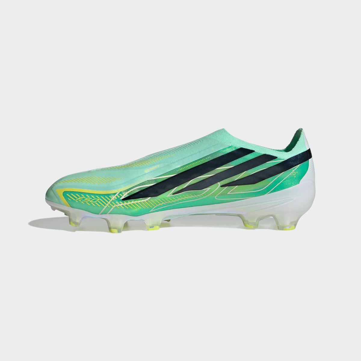 adidas F50 Hyperfast Elite Laceless FG soccer cleats in Pulse Mint / Core Black / Solar Lemon, side view, inner (medial) side