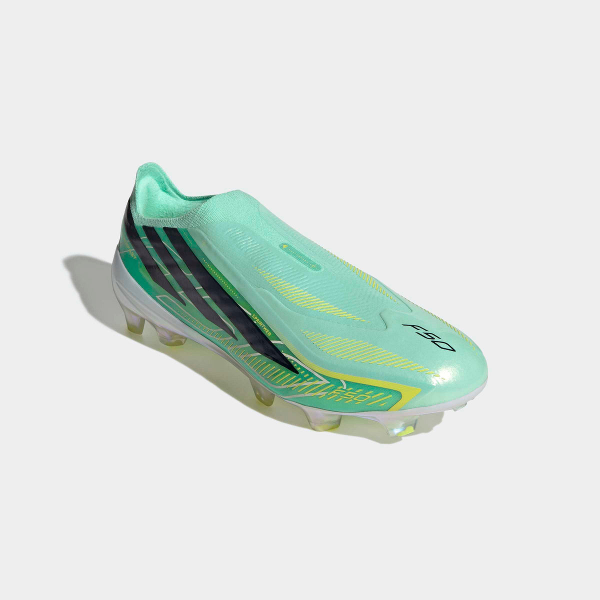 adidas F50 Hyperfast Elite Laceless FG soccer cleats in Pulse Mint / Core Black / Solar Lemon, front three-quarter view