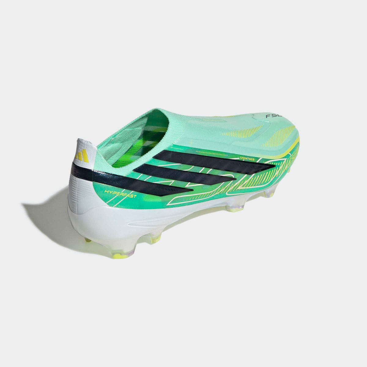 adidas F50 Hyperfast Elite Laceless FG soccer cleats in Pulse Mint / Core Black / Solar Lemon, rear three-quarter view