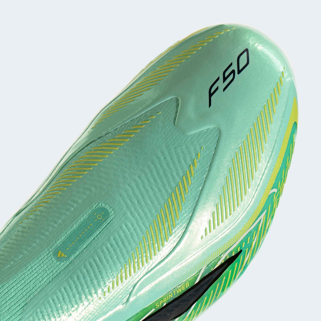 adidas F50 Hyperfast Elite Laceless FG soccer cleats in Pulse Mint / Core Black / Solar Lemon, detail view