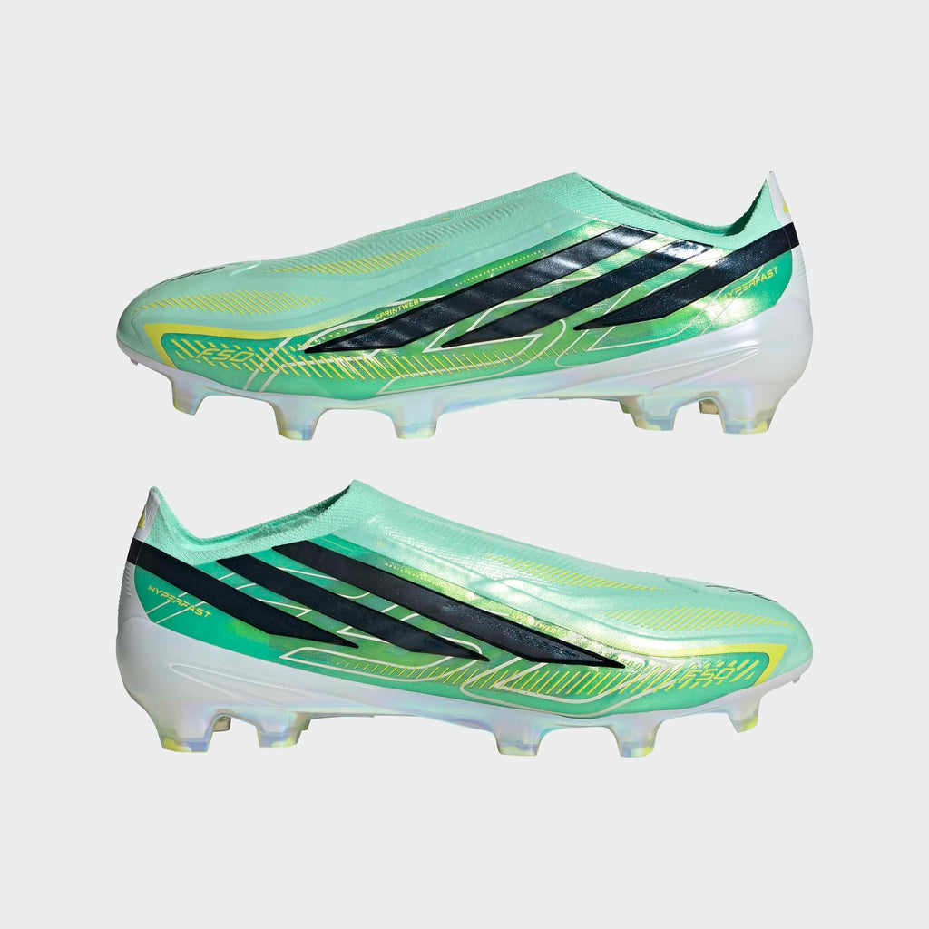 adidas F50 Hyperfast Elite Laceless FG soccer cleats in Pulse Mint / Core Black / Solar Lemon, pair view
