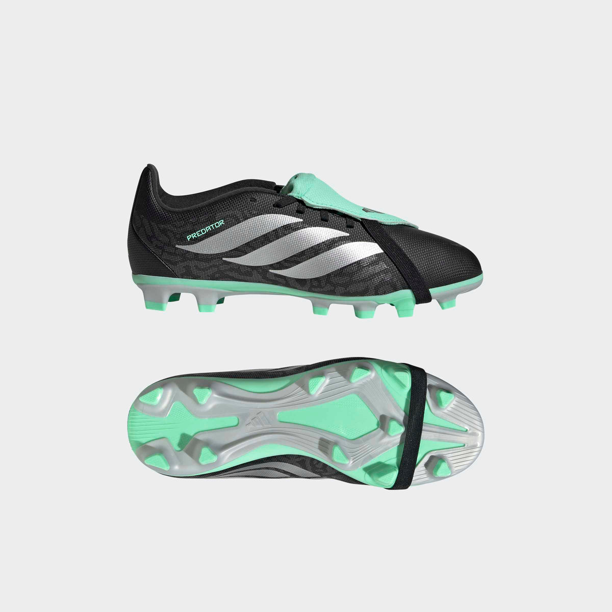 adidas Predator 26 Club Fold-Over Tongue FG/MG Soccer Cleats – Youth in Core Black, Silver Metallic and Pulse Mint – side lateral bottom view