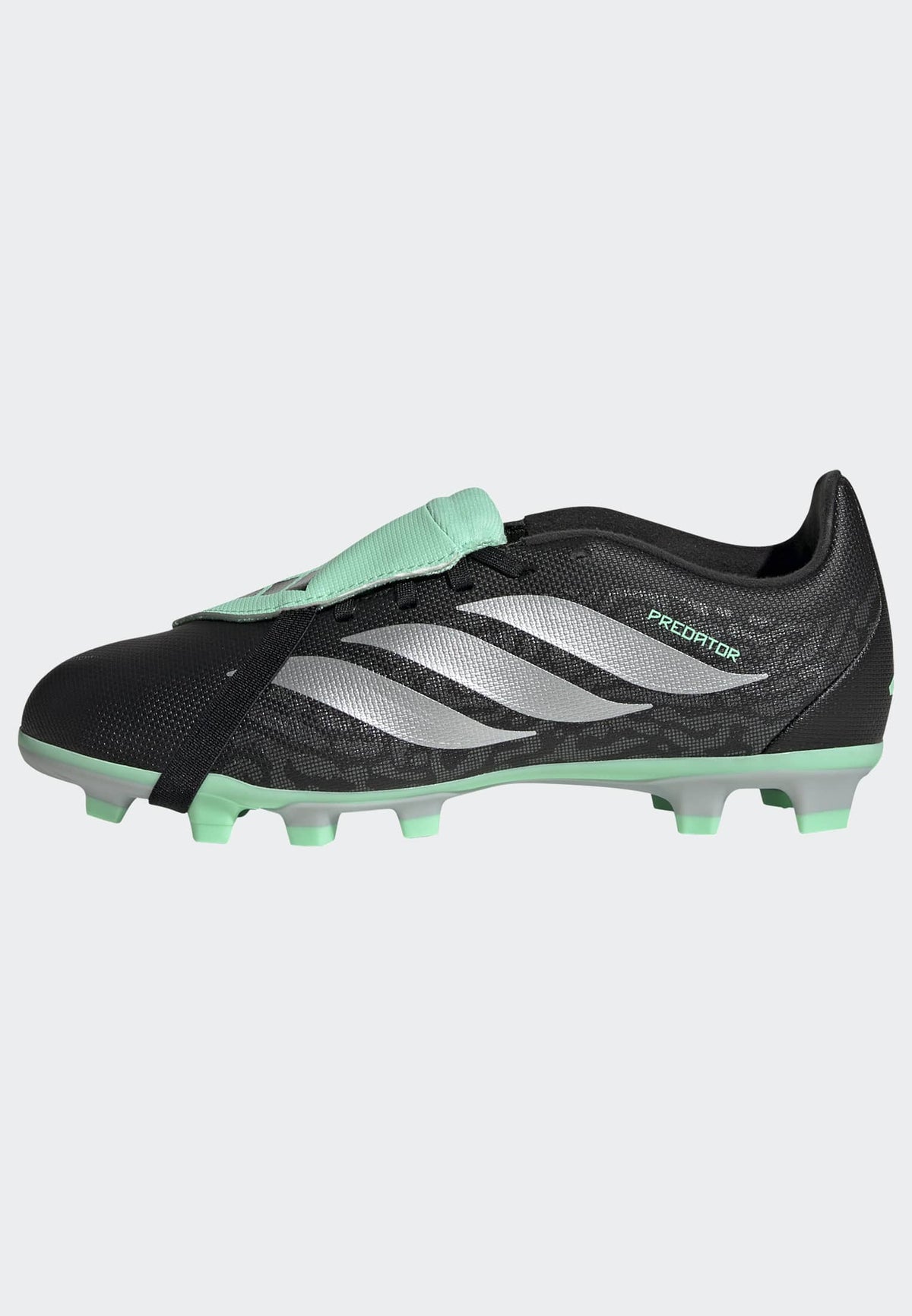 adidas Predator 26 Club Fold-Over Tongue FG/MG Soccer Cleats – Youth in Core Black, Silver Metallic and Pulse Mint – left side center lateral view