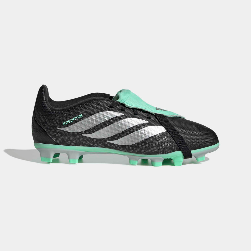 adidas Predator 26 Club Fold-Over Tongue FG/MG Soccer Cleats – Youth in Core Black, Silver Metallic and Pulse Mint – side lateral center view