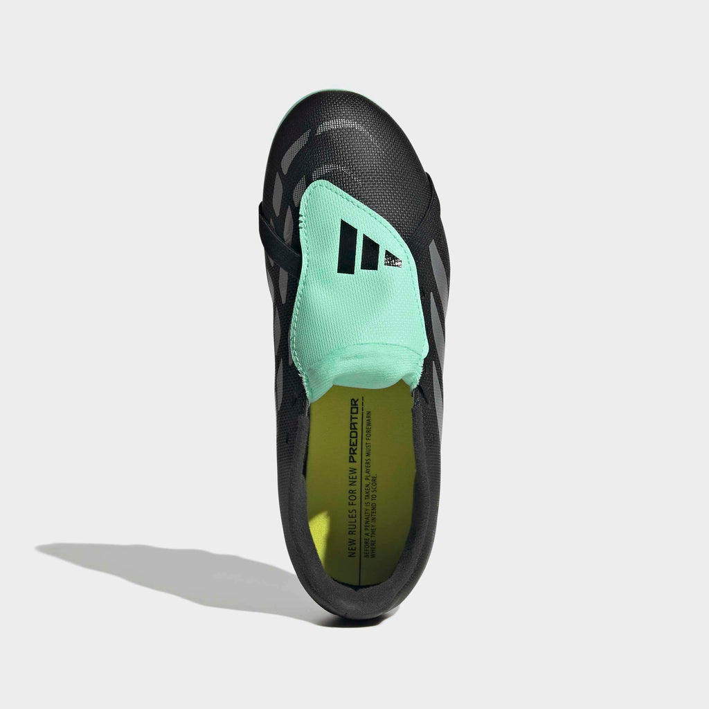 adidas Predator 26 Club Fold-Over Tongue FG/MG Soccer Cleats – Youth in Core Black, Silver Metallic and Pulse Mint – top portrait view