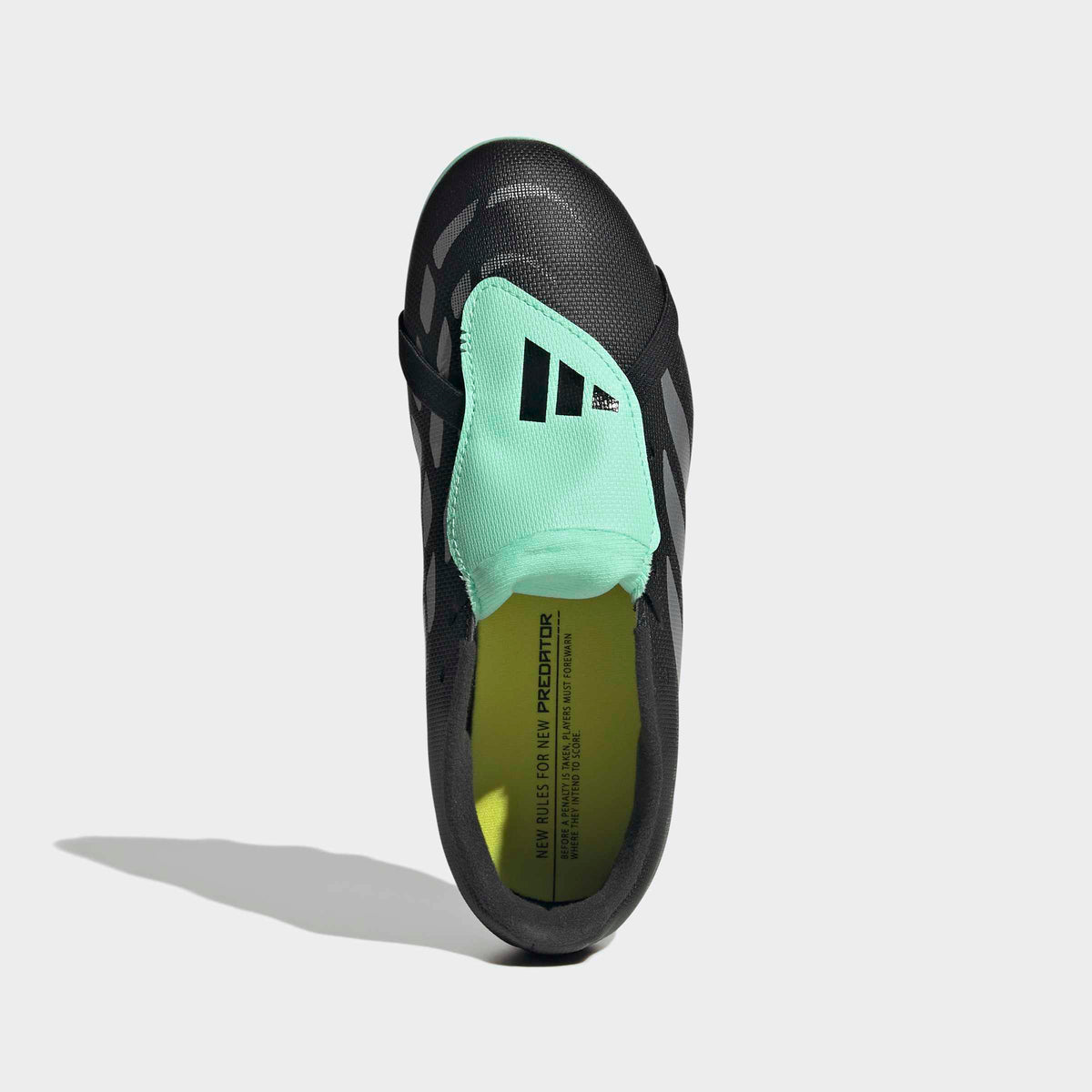 adidas Predator 26 Club Fold-Over Tongue FG/MG Soccer Cleats – Youth in Core Black, Silver Metallic and Pulse Mint – top portrait view