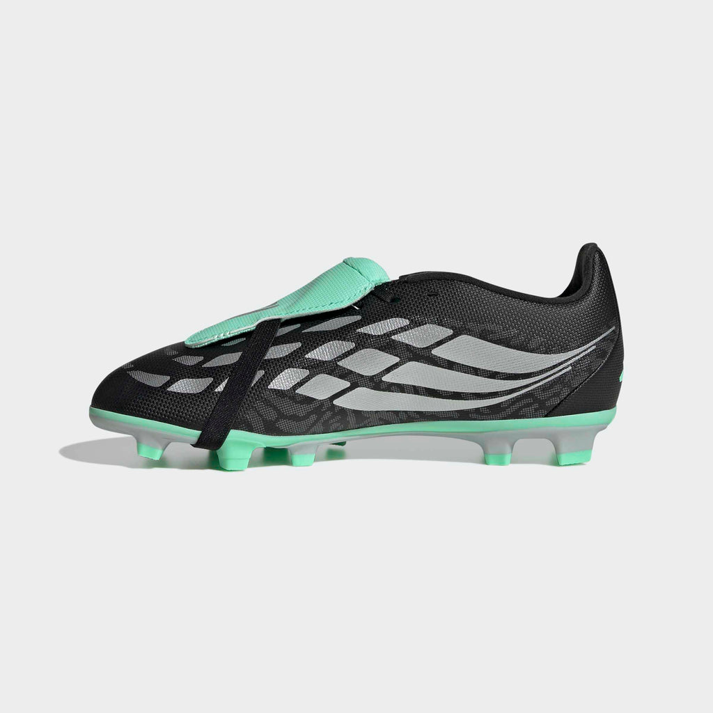 adidas Predator 26 Club Fold-Over Tongue FG/MG Soccer Cleats – Youth in Core Black, Silver Metallic and Pulse Mint – side medial center view