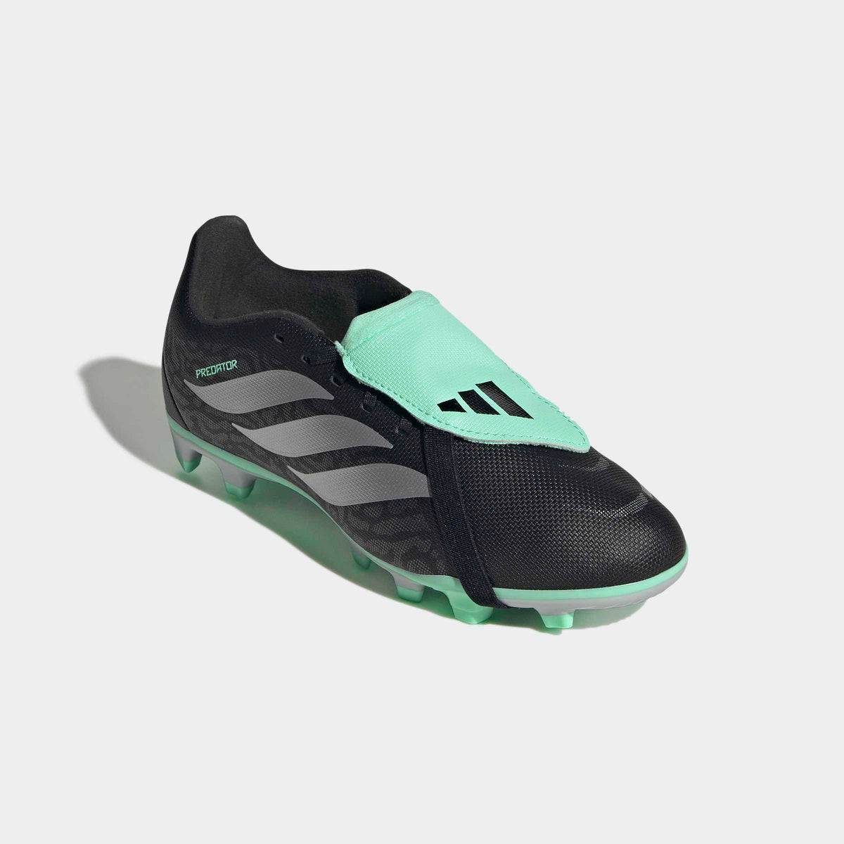 adidas Predator 26 Club Fold-Over Tongue FG/MG Soccer Cleats – Youth in Core Black, Silver Metallic and Pulse Mint – front lateral top view