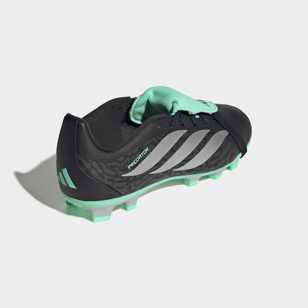 adidas Predator 26 Club Fold-Over Tongue FG/MG Soccer Cleats – Youth in Core Black, Silver Metallic and Pulse Mint – back lateral top view