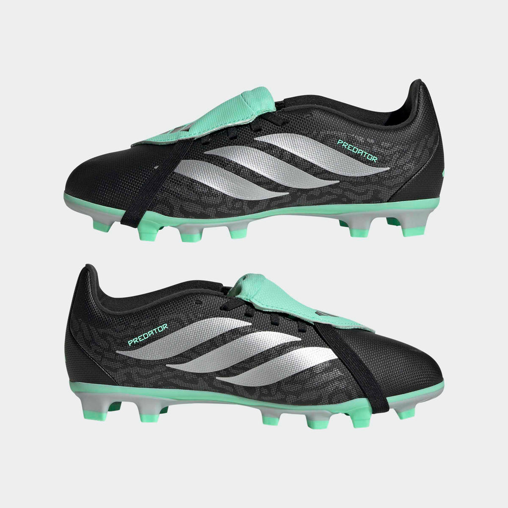 adidas Predator 26 Club Fold-Over Tongue FG/MG Soccer Cleats – Youth in Core Black, Silver Metallic and Pulse Mint – mirrored pair view
