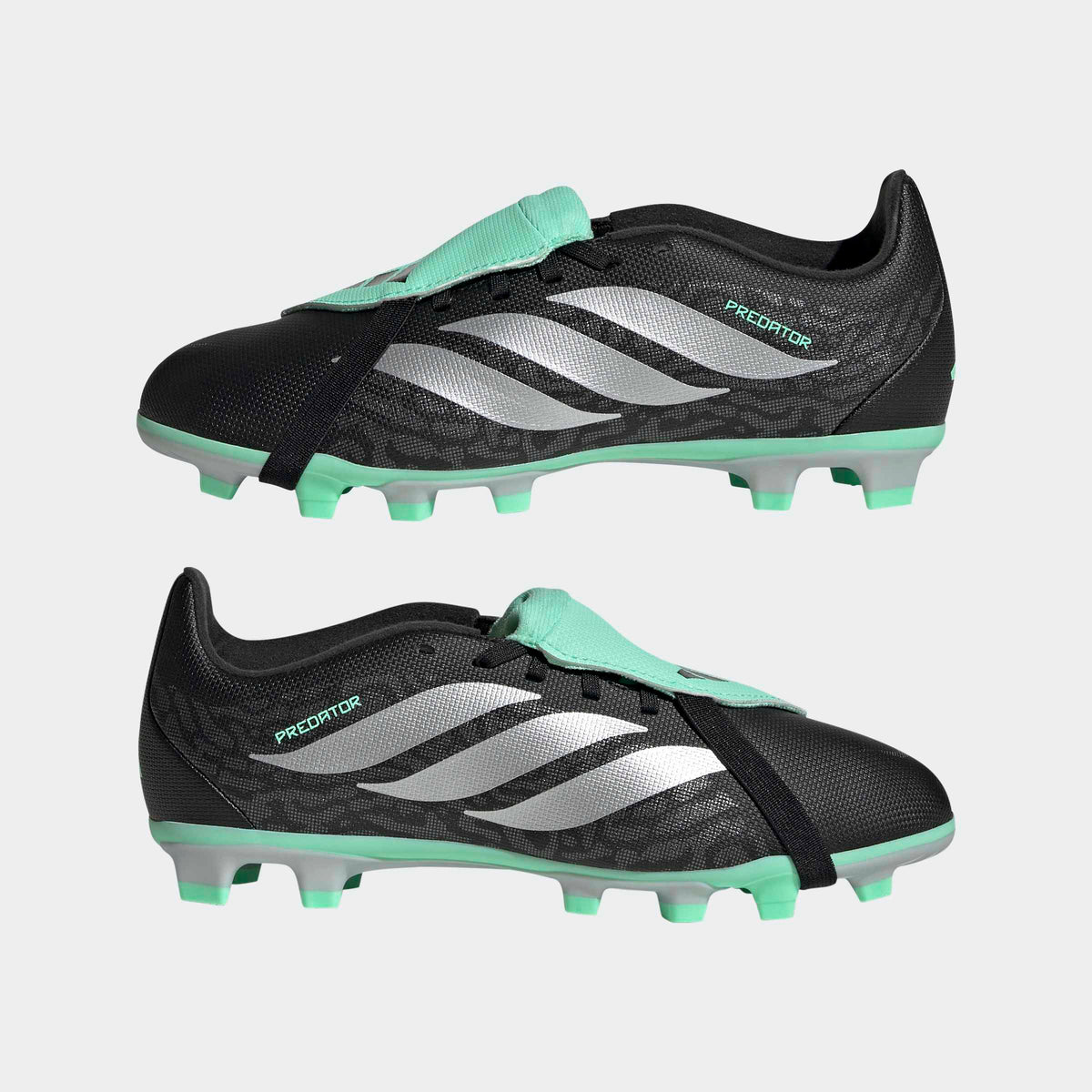adidas Predator 26 Club Fold-Over Tongue FG/MG Soccer Cleats – Youth in Core Black, Silver Metallic and Pulse Mint – mirrored pair view