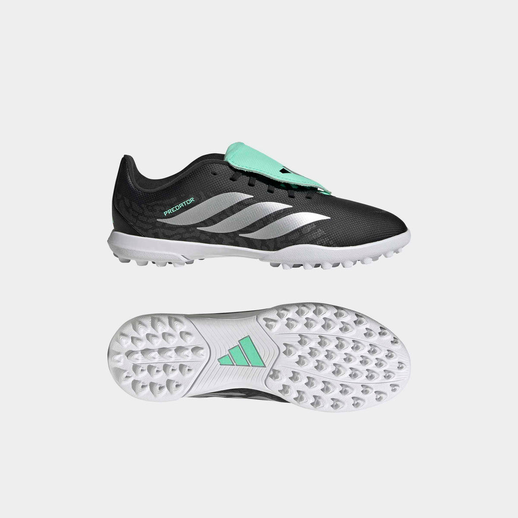 adidas Predator 26 Club Fold-Over Tongue Turf Soccer Shoes – Youth in Core Black, Silver Metallic and Pulse Mint – side lateral bottom view