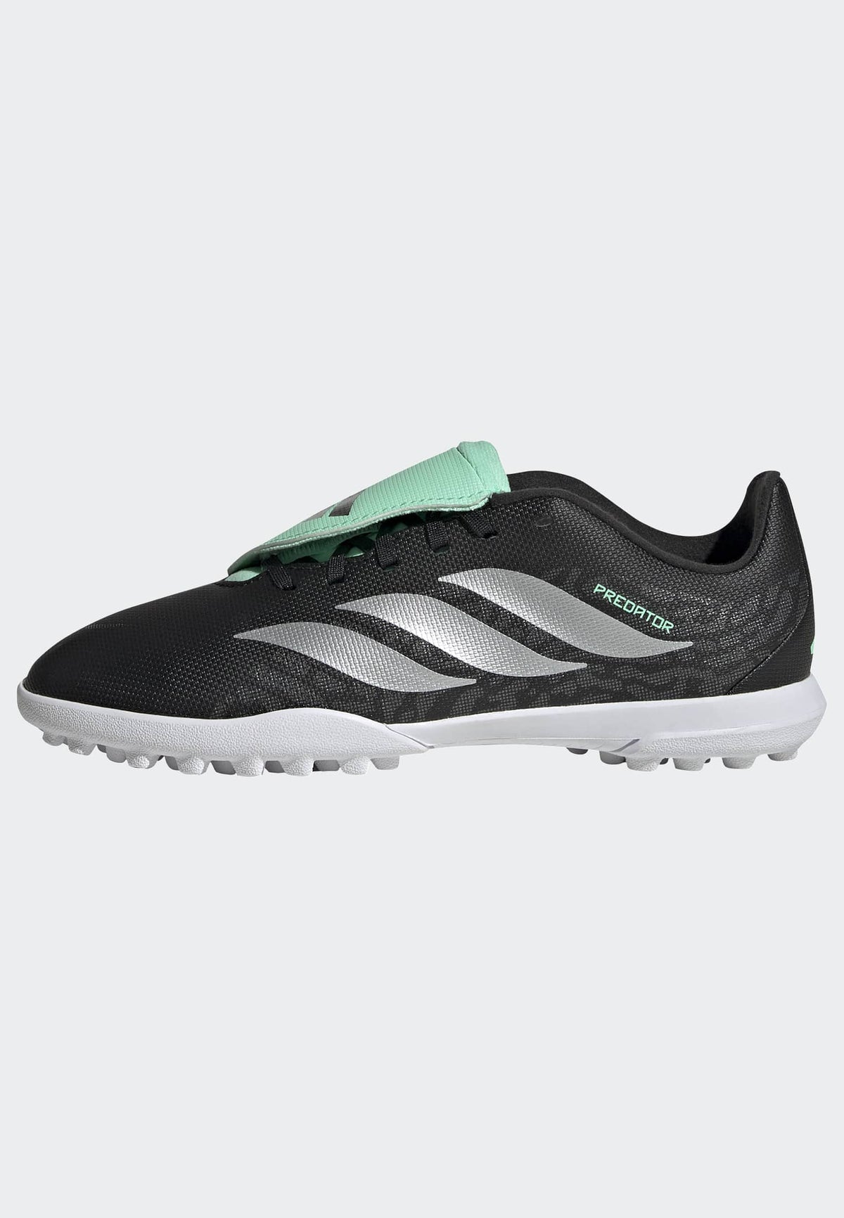 adidas Predator 26 Club Fold-Over Tongue Turf Soccer Shoes – Youth in Core Black, Silver Metallic and Pulse Mint – left side center lateral view