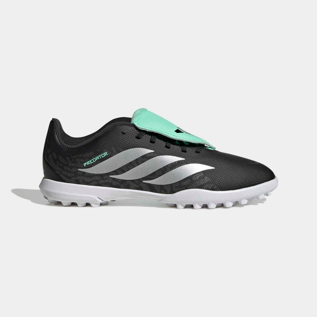 adidas Predator 26 Club Fold-Over Tongue Turf Soccer Shoes – Youth in Core Black, Silver Metallic and Pulse Mint – side lateral center view
