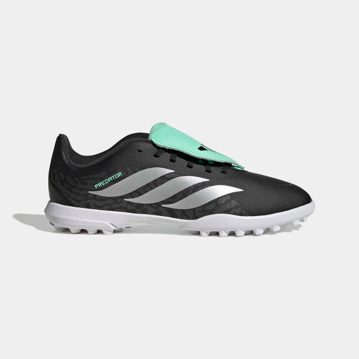 adidas Predator 26 Club Fold-Over Tongue Turf Soccer Shoes – Youth in Core Black, Silver Metallic and Pulse Mint – side lateral center view