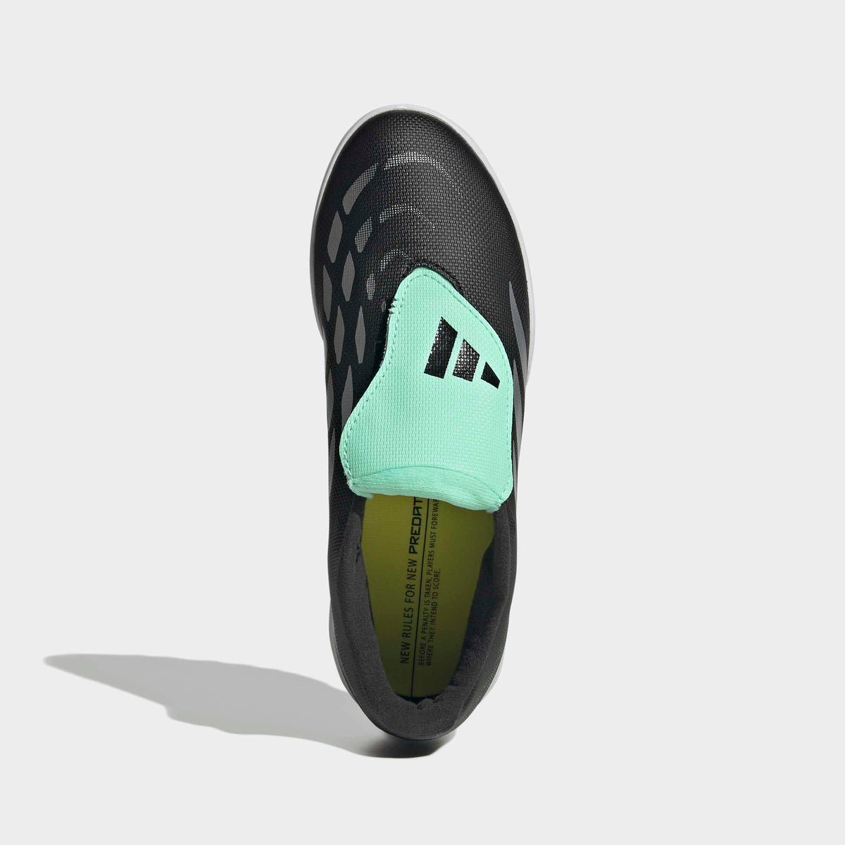 adidas Predator 26 Club Fold-Over Tongue Turf Soccer Shoes – Youth in Core Black, Silver Metallic and Pulse Mint – top portrait view