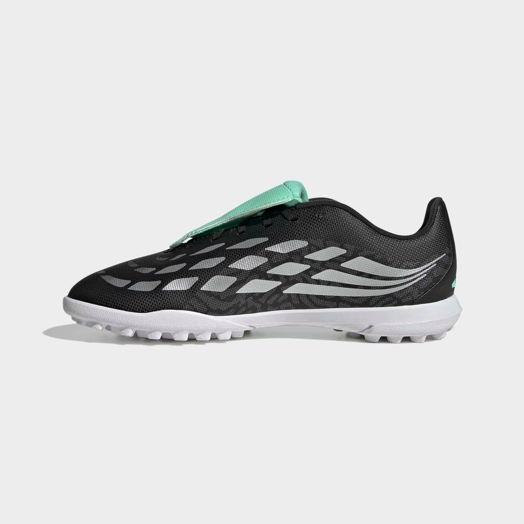 adidas Predator 26 Club Fold-Over Tongue Turf Soccer Shoes – Youth in Core Black, Silver Metallic and Pulse Mint – side medial center view