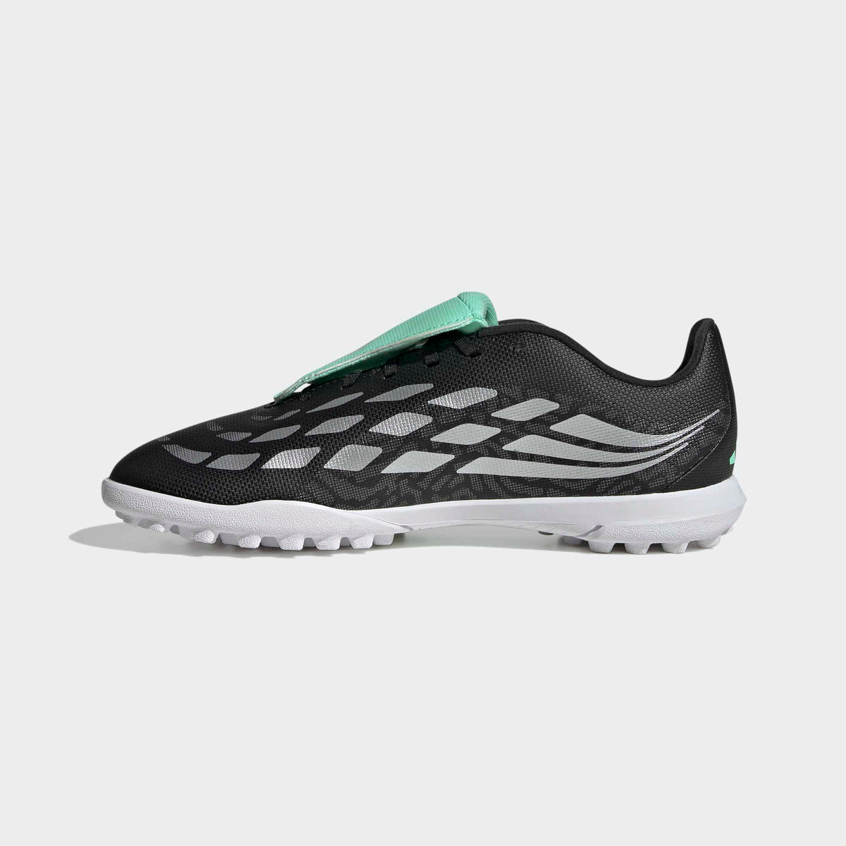 adidas Predator 26 Club Fold-Over Tongue Turf Soccer Shoes – Youth in Core Black, Silver Metallic and Pulse Mint – side medial center view