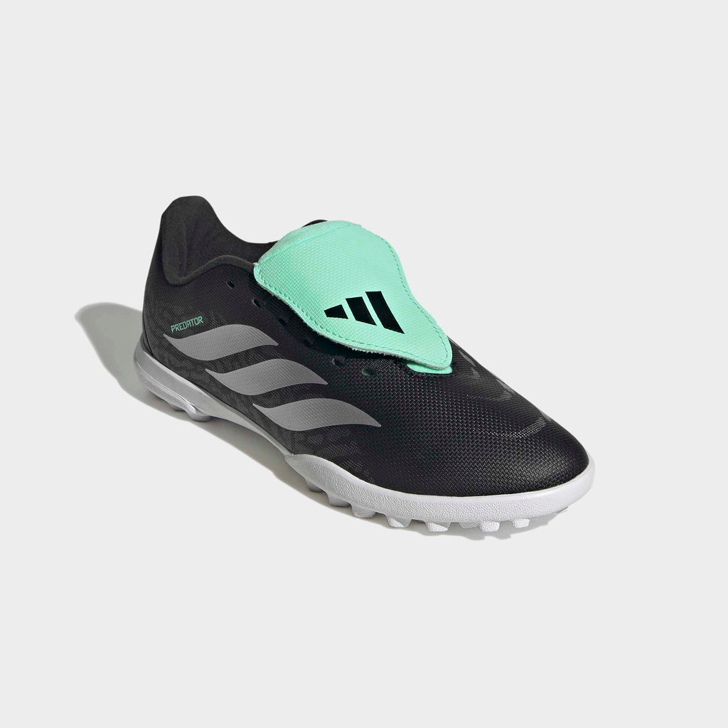 adidas Predator 26 Club Fold-Over Tongue Turf Soccer Shoes – Youth in Core Black, Silver Metallic and Pulse Mint – front lateral top view