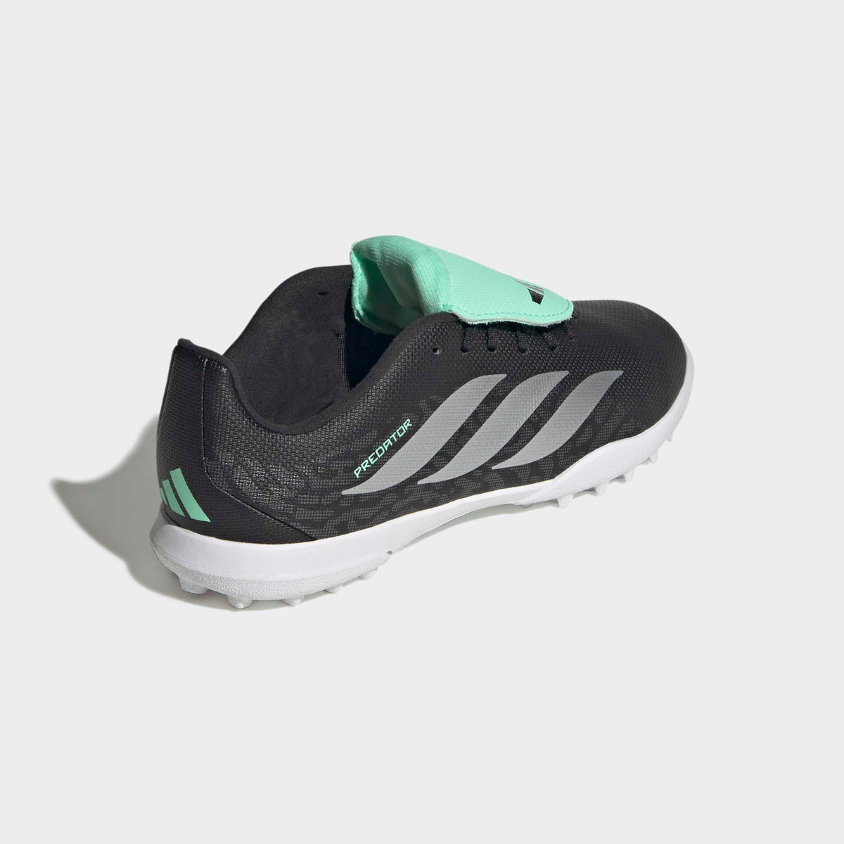 adidas Predator 26 Club Fold-Over Tongue Turf Soccer Shoes – Youth in Core Black, Silver Metallic and Pulse Mint – back lateral top view