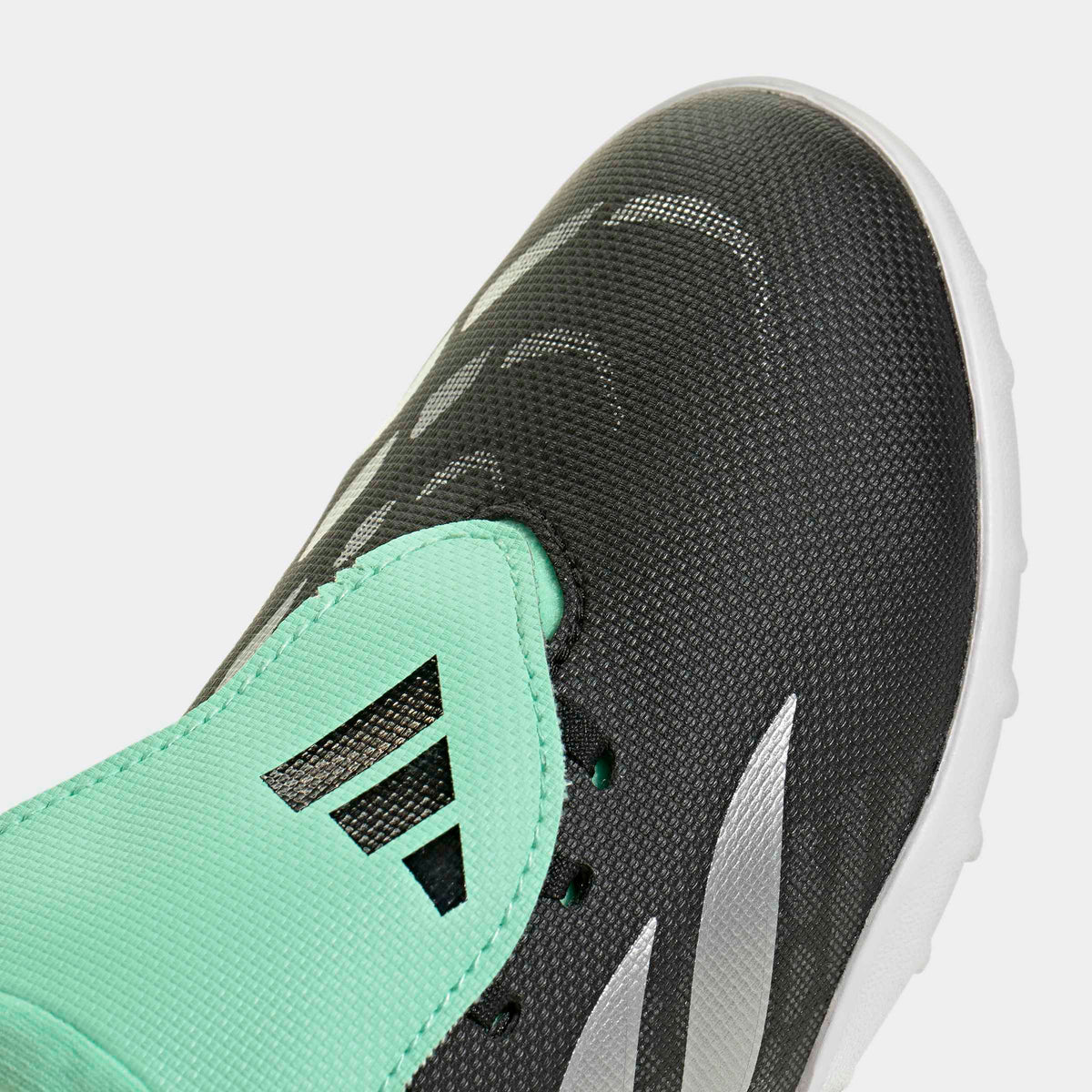 adidas Predator 26 Club Fold-Over Tongue Turf Soccer Shoes – Youth in Core Black, Silver Metallic and Pulse Mint – detail view 1