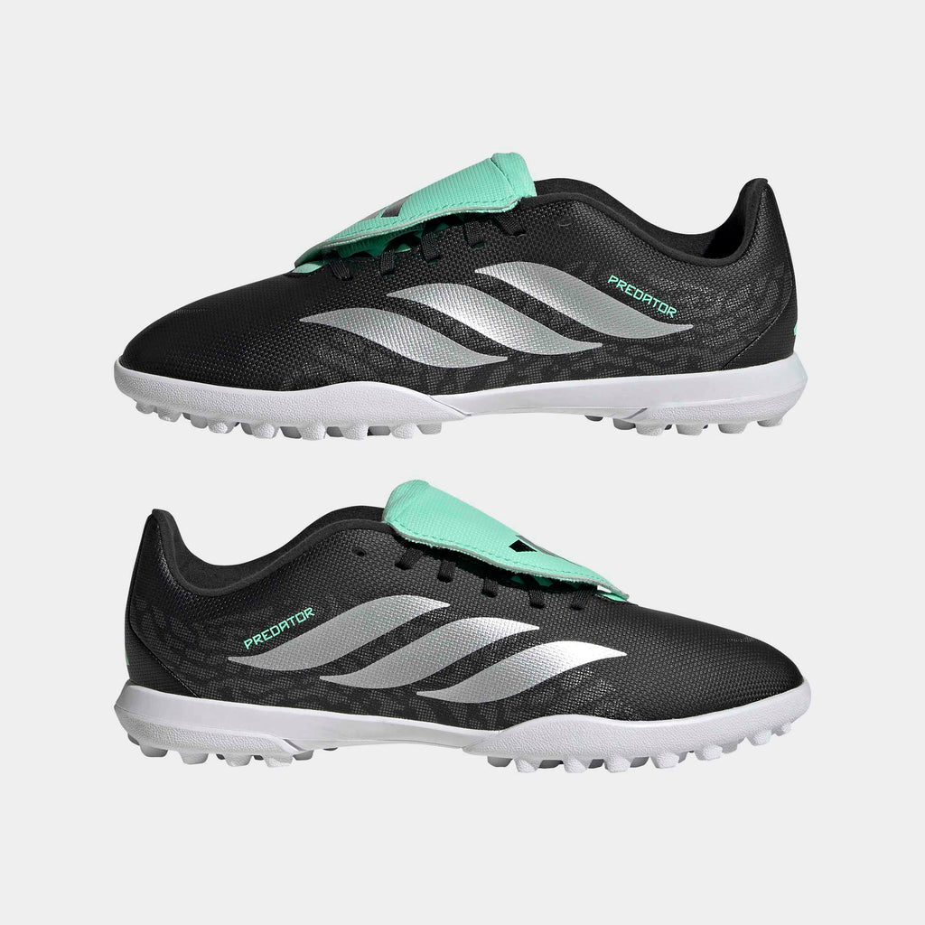 adidas Predator 26 Club Fold-Over Tongue Turf Soccer Shoes – Youth in Core Black, Silver Metallic and Pulse Mint – mirrored pair view