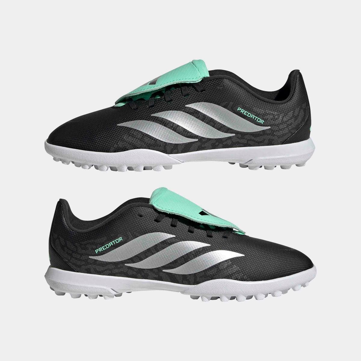 adidas Predator 26 Club Fold-Over Tongue Turf Soccer Shoes – Youth in Core Black, Silver Metallic and Pulse Mint – mirrored pair view