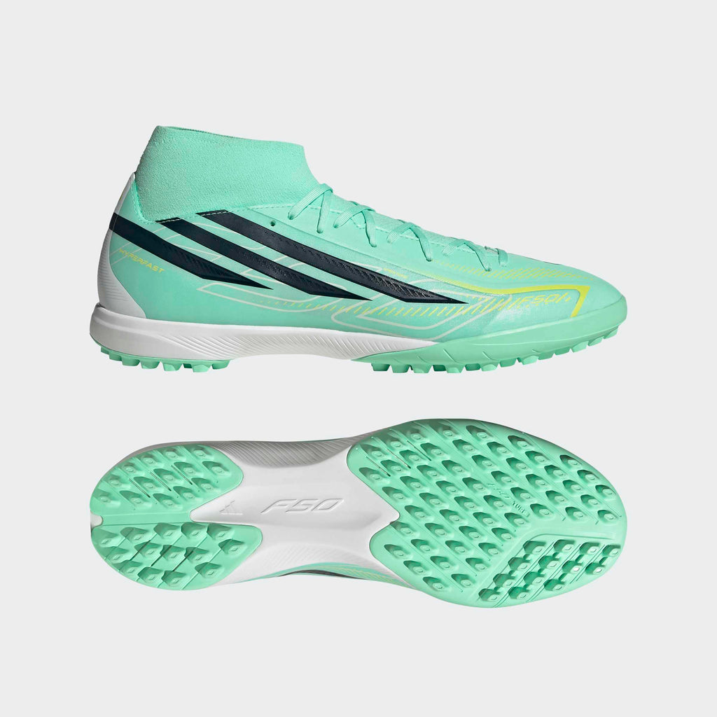 adidas F50 Hyperfast League Mid Turf Soccer Shoes - Pulse Mint/Night Navy/Solar Lemon