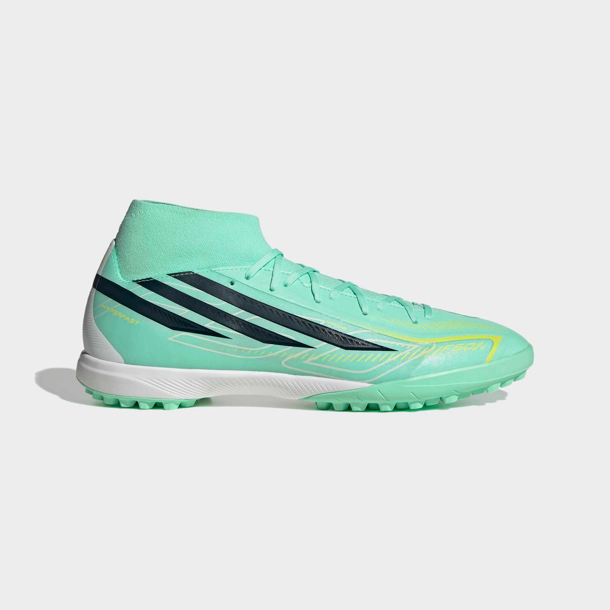 adidas F50 Hyperfast League Mid Turf Soccer Shoes - Pulse Mint/Night Navy/Solar Lemon, side view