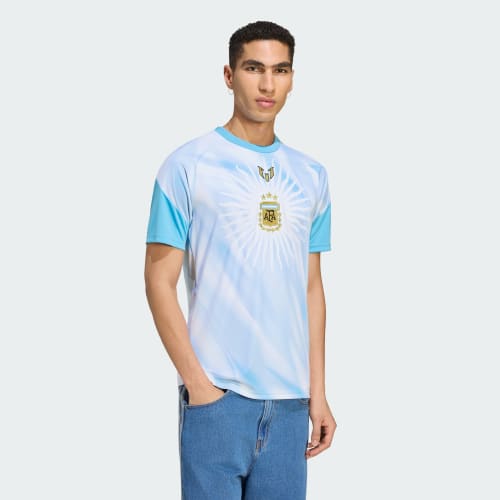 adidas Argentina Messi 26 Pre Match Jersey in White/Light Blue on model