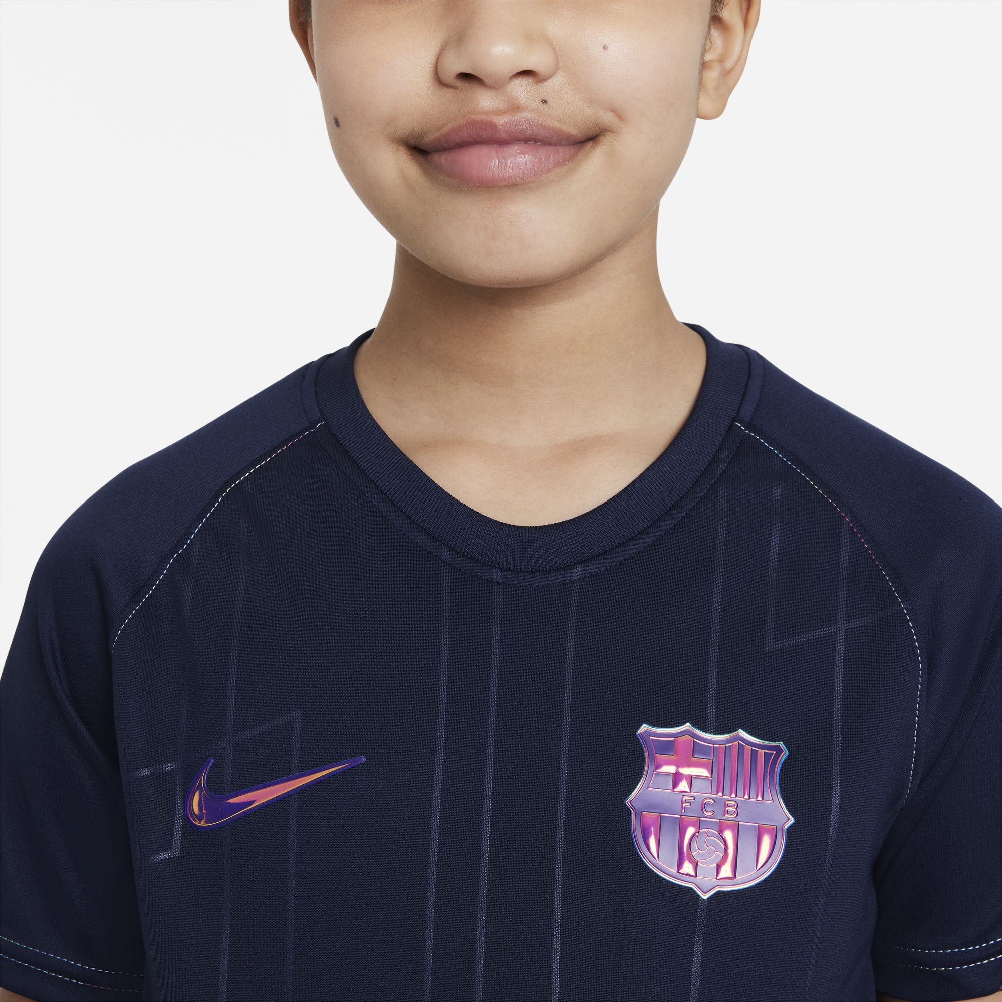 FC Barcelona Away Big Kids' Nike Dri-FIT Pre-Match Soccer Top - DH2039-452-NIKE by Nike | Available at Niky's Sports