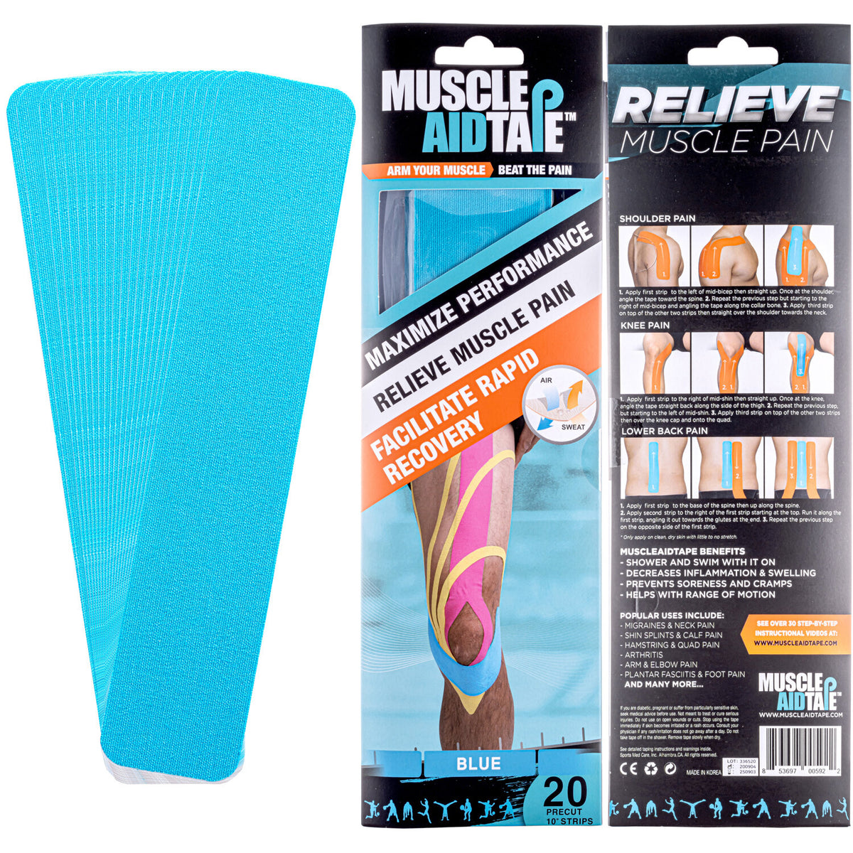 BLUE PRECUT MUSCLEAID TAPE (20 STRIPS)