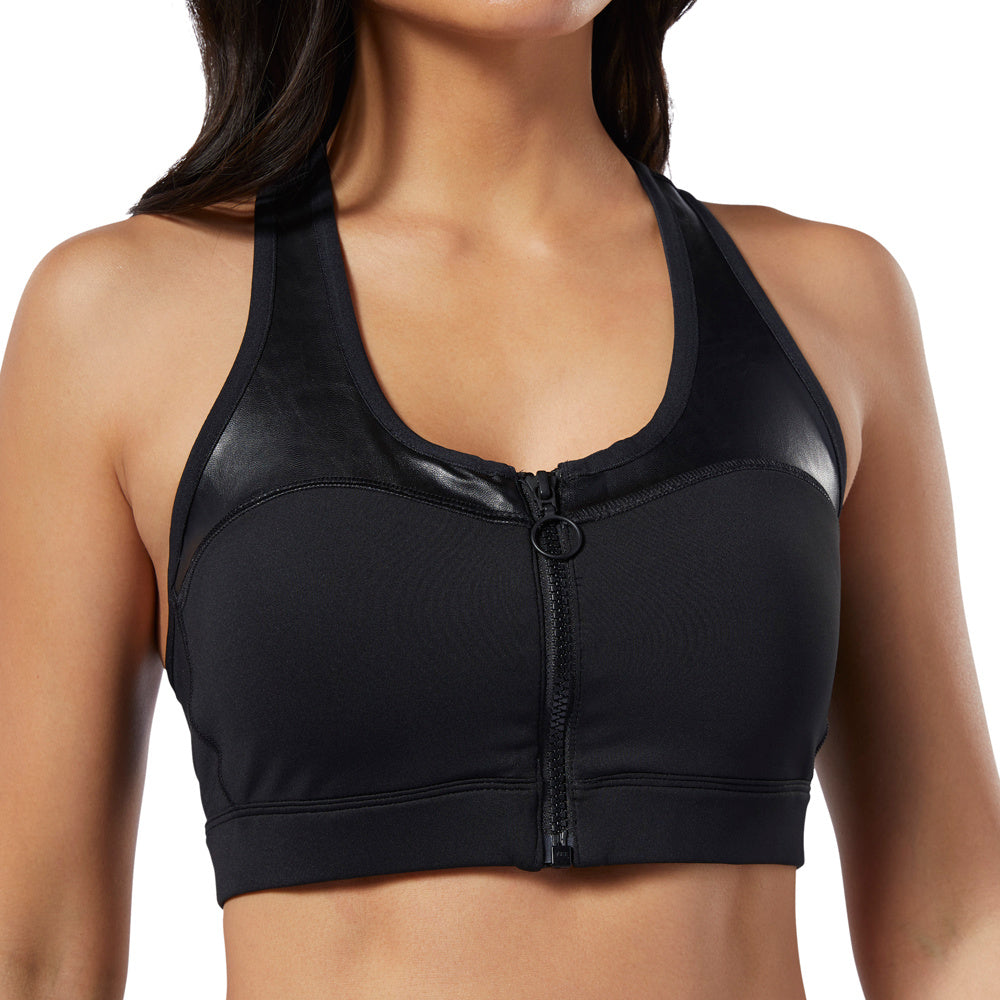 WOMEN'S REEBOK STUDIO CARDIO ZIP MEDIUM-IMPACT BRA - EB8111-REEBOK by Reebok | Available at Niky's Sports
