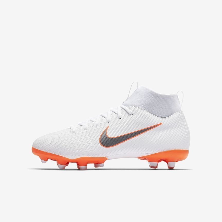 Kid's Superfly VI Academy MG Soccer Cleats - White/Total Orange/Grey - AH7337-107-NIKE by Nike | Available at Niky's Sports