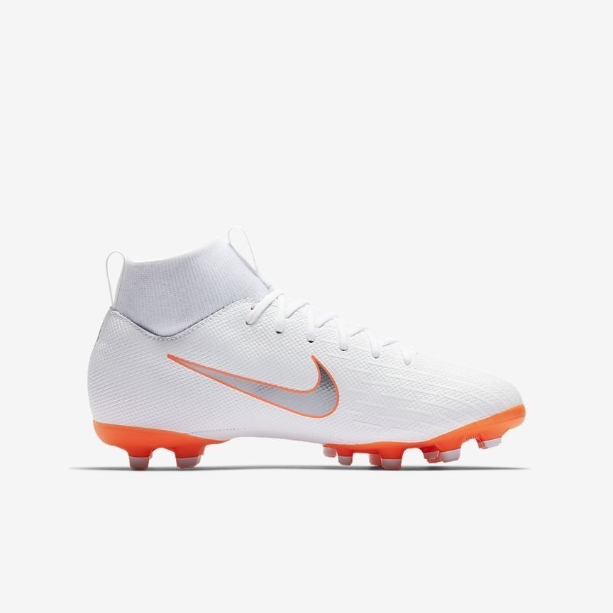 Kid's Superfly VI Academy MG Soccer Cleats - White/Total Orange/Grey - AH7337-107-NIKE by Nike | Available at Niky's Sports