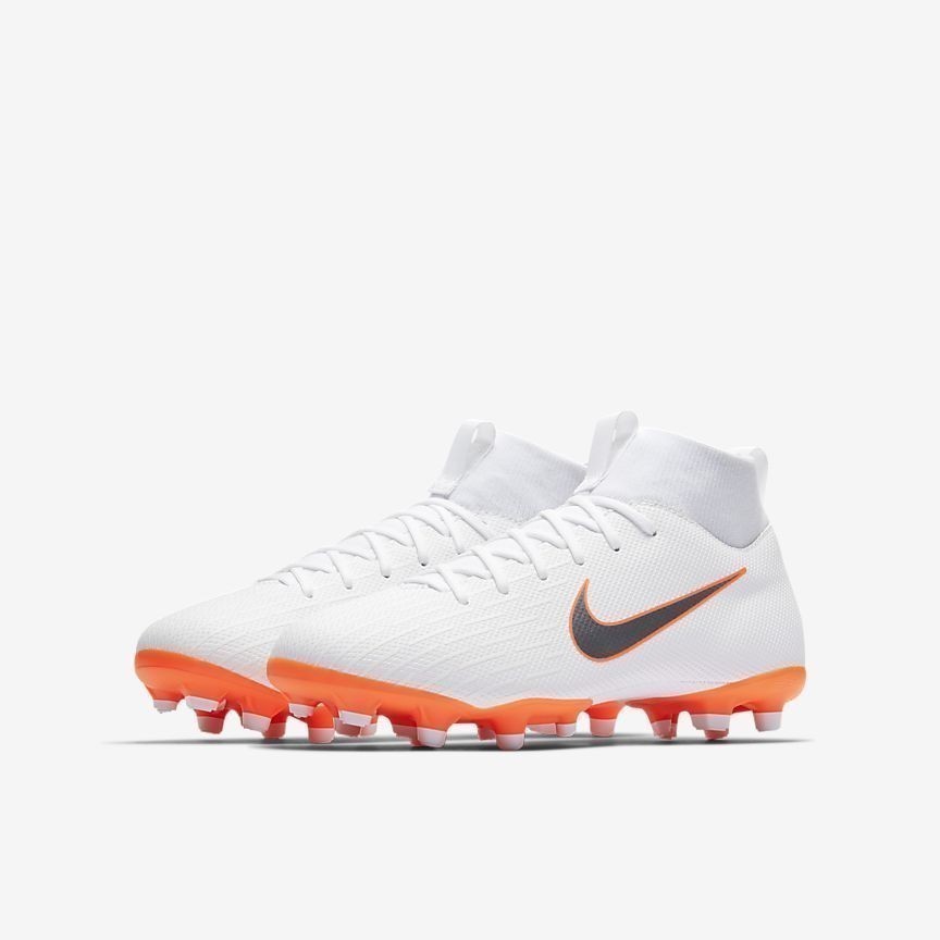 Kid's Superfly VI Academy MG Soccer Cleats - White/Total Orange/Grey - AH7337-107-NIKE by Nike | Available at Niky's Sports